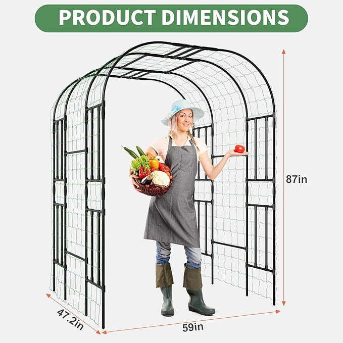 SUNYRISY Garden Arch Trellis for Climbing Plants Outdoor, 47.2" x 59" x 87" Metal Core Tall Archway Tunnel Plant Support for Cucumber Tomato Flowers Vegetables and Gardening