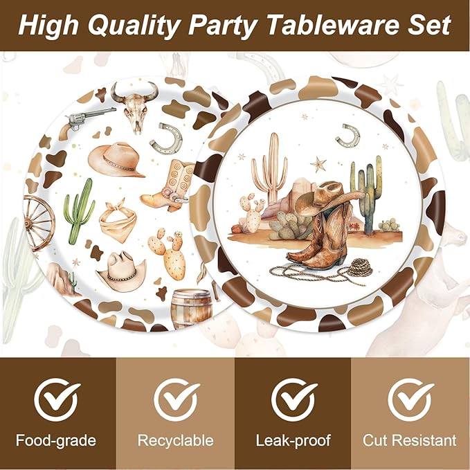 48Pcs Western Cowboy Party Decorations Western Cowboy Horse Dessert Plates Napkins and Forks Party Supplies Set for 16 Guests