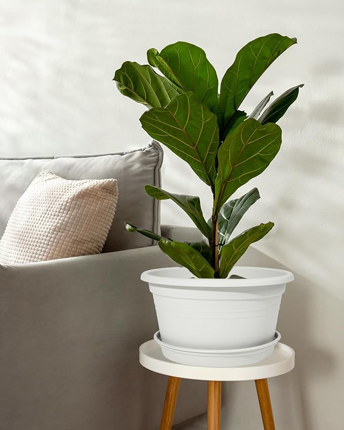 VIDELLY 13 Inch Large Flower Pots 2-Pack, Beige Plastic Planters with Drainage Hole & Tray, Indoor Outdoor Modern Plant Pots for House Plants, Garden, Patio, Office Home Decor