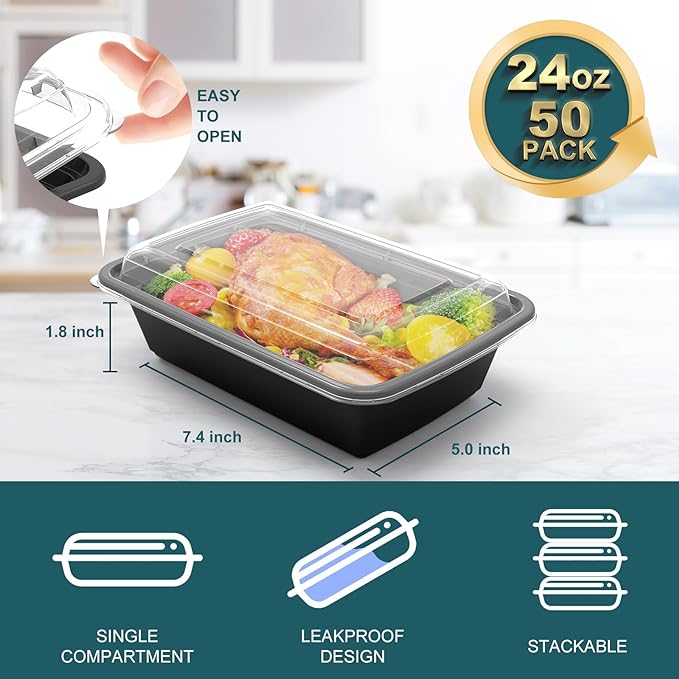 WGCC Meal Prep Containers, 50 Pack Extra-thick Food Storage Containers with Lids, Disposable & Reusable Plastic Bento Lunch Box, BPA Free, Stackable, Microwave/Dishwasher/Freezer Safe (24 oz)