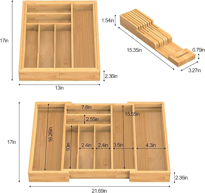 Bamboo Silverware Drawer Organizer, 6-8 Slots Kitchen Drawer Tray