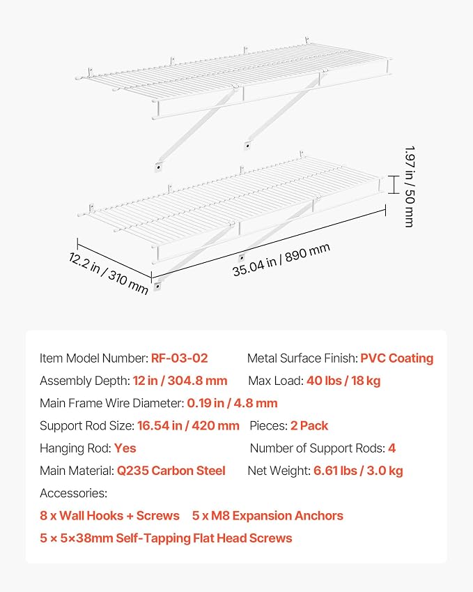 VEVOR Wire Shelf Kit, 3 ft, Set of 2, Wall Mounted Wire Shelves, Heavy-Duty Carbon Steel Hanging Shelf, Floating Wall Storage Shelves with Dip Coating, for Closet, Bedroom, Living Room, Office, Pantry