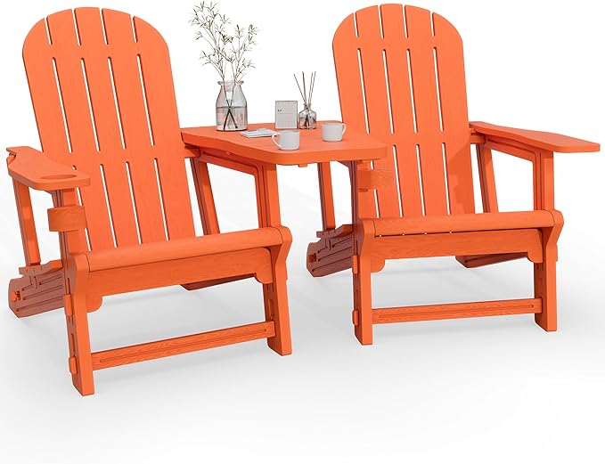 Vongrasig Adirondack Chairs Set of 2 with Removable Tabletop, Outdoor HDPE Plastic Fire Pit Chair Set with Wooden Textured, Cup Holder for Patio, Poolside, Deck, Garden, Orange, 3 Pieces