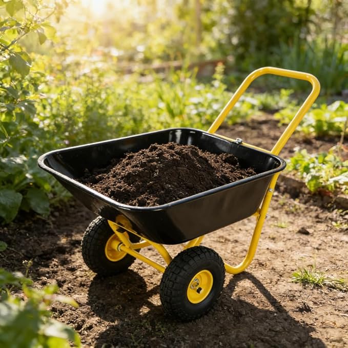 Dual Wheel Garden Wheelbarrow Heavy Duty Yard Cart, 300 LBS Capacity Utility Cart with Pneumatic Tires, Rustproof Poly Tray & Steel Handle for Lawn, Farm, Garden and Landscaping (Yellow+Black)