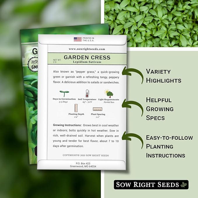 Sow Right Seeds - Garden Cress Seeds for Planting - Non-GMO Heirloom Packet with Instructions to Plant and Grow a Kitchen Herb Garden - Indoors or Outdoors - Edible Leaves and Cute Filler (1)