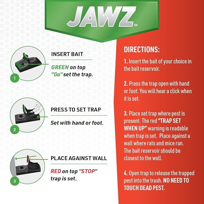 JT Eaton 409 Jawz Indoor Plastic Mouse Trap for Solid or Liquid Bait, Instant Kill Mouse Traps, No-Touch Disposal with Trap Set Indicator 6-Pack | No-Touch Disposal; Accepts Solid or Liquid Bait; Trap-Set Indicator; For Indoor Mouse Control; 6-Pack; Mo...