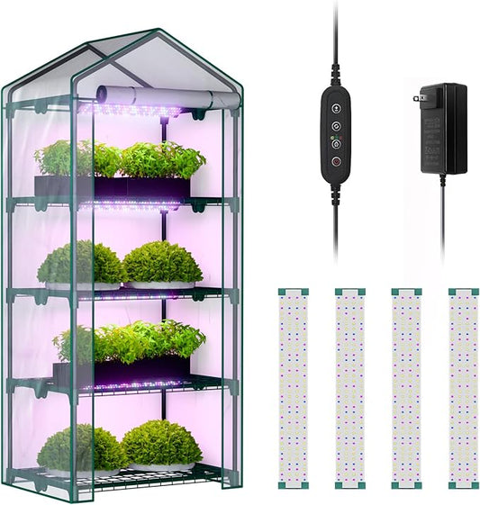 Indoor Greenhouse with Grow Lights, 4 Tier 27" L×19" W×62" H Mini Greenhouse with Zippered PVC Cover for Seed Starting Trays, Dimmable 2FT 60W Plant Light for Indoor Plants with Timer