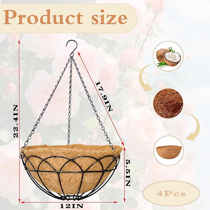 4 Pack 12" Round Metal Hanging Basket for Outdoor Plants Durable Large Hanging Planter with Coco Coir Round Plant Holders Planter for Outside Garden Decoration (Lotus)