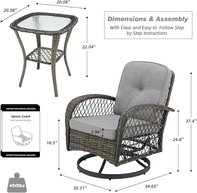 MELLCOM 3 Pieces Patio Furniture Set, Outdoor Swivel Rocker Patio Chairs, Wicker Patio Bistro Set with Rocking Chair, Thickened Cushions and Glass Coffee Table for Backyard, Garden, Grey