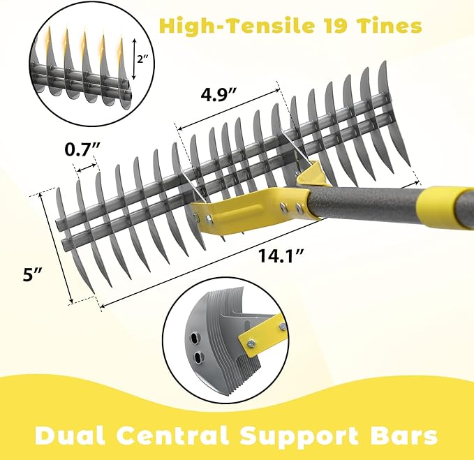 Thatch Rake,55 Inch Garden Thatching Rake for Grass Removal, 15 Inch Wide Heavy Duty 19 Teeth Steel Metal Garden Leaf Rakes,Landscaping Raking Garden Tools for Lawn Care Loosening Leveling Soil Mulch