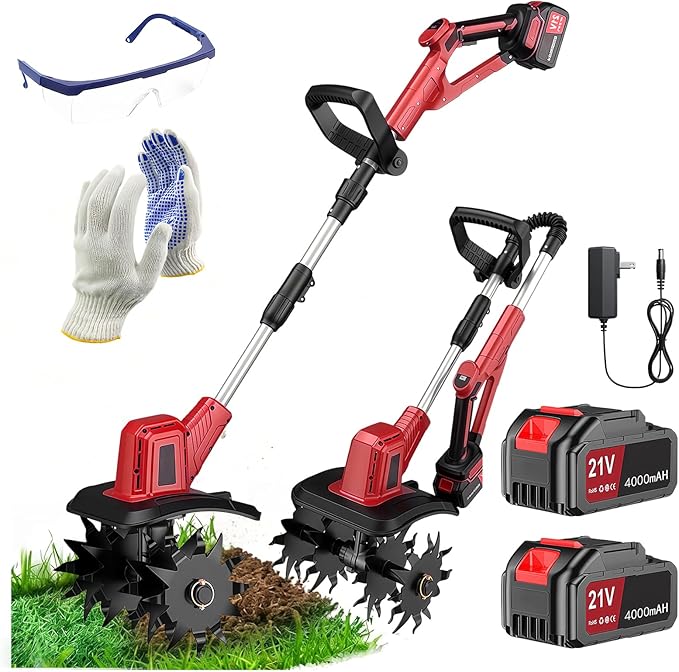 21V Electric Cordless Tiller Cultivator, 360RPM Garden Tiller with 2 x 4.0Ah Batteries Charger, 12In Tilling Width & 8In Depth Garden Rototiller for Lawn, Gardening, Soil Cultivation (RED-1)