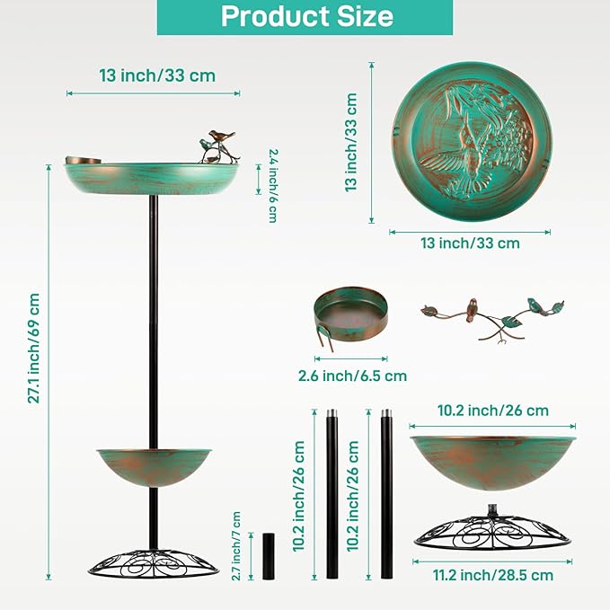 dreamysoul Metal Bird Baths for Outdoors, Pedestal Green Bird Bath with Flower Planter, BirdBaths for Outdoors Garden Yard Patio Decor