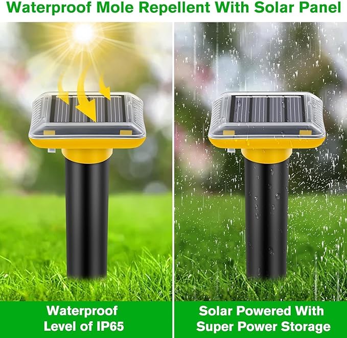 Ultrasonic Mole Repellent Outdoor, 6 Pack Gopher Repellent Solar-Powered for Lawn Yard and Garden, Waterproof Mole Killer Traps, Effectively Repels Gopher Vole Groundhog Snake, Yellow