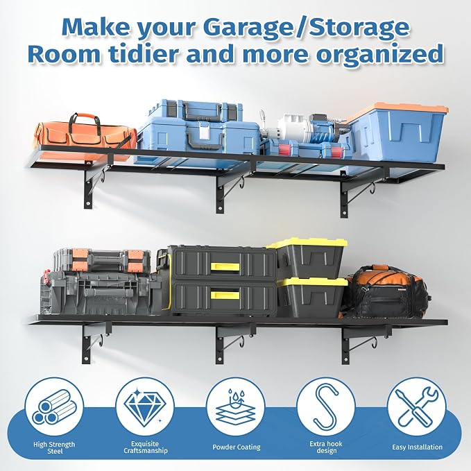 Garage Wall Shelving,46"X 12.5" Garage Shelving Wall Mounted,Heavy Duty Garage Storage Rack with 4 Hooks,160 LBS Capacity,Black Metal Floating Organizer Shelves for Warehouse (1)