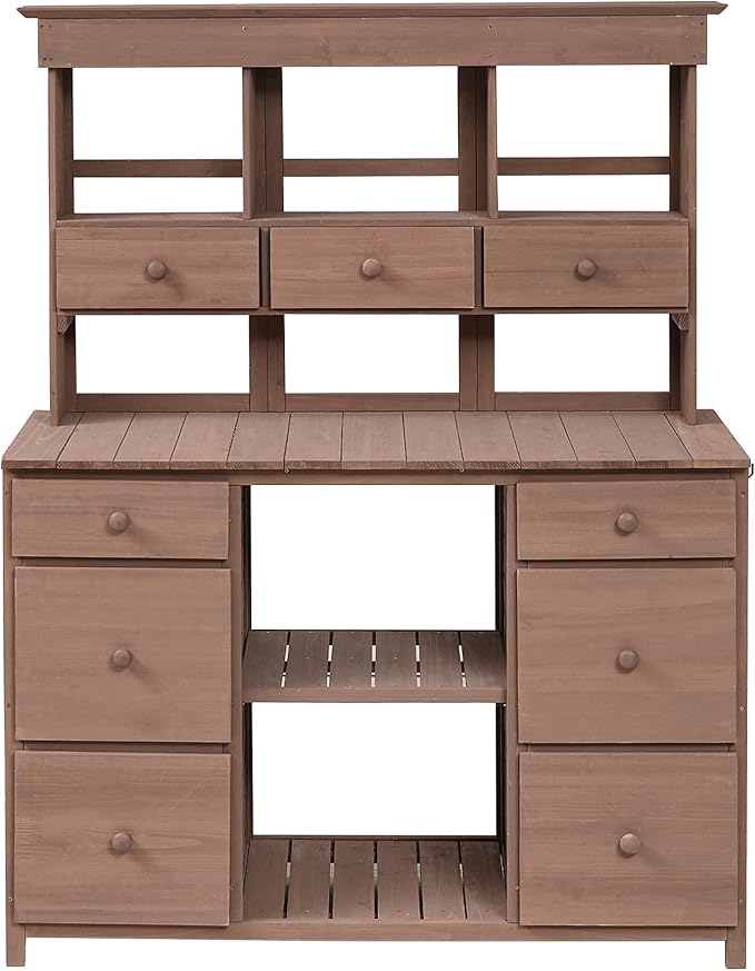 RUNNA Garden Potting Bench Table, Rustic and Sleek Design Wood Outdoor Garden Work Bench with Multiple Drawers and Shelves for Storage,Patio Workstation for Garden, Patio, and Backyard (Brown#018)