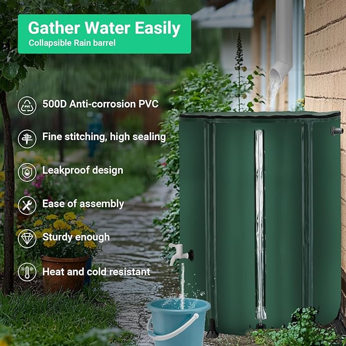 FAMIROSA 132 Gallon / 500L Collapsible Rain Barrel, Foldable PVC Water Barrels to Collect Rainwater from Gutter, Portable Water Collection System with Hose Spigot, Garden Water Catcher Collector Green