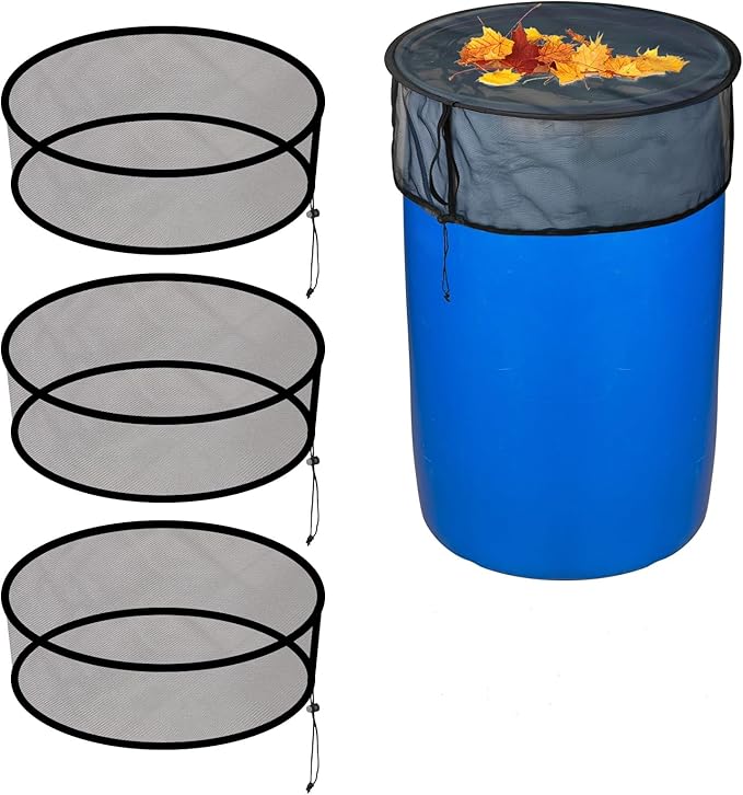 3PCS Pop Up Mesh Cover for Rain Barrels, Water Rain Barrel Netting with Drawstring Water Collection Buckets Tank Protector Cover Net for Preventing Fallen Leaves and Debris, 24.8 Inch