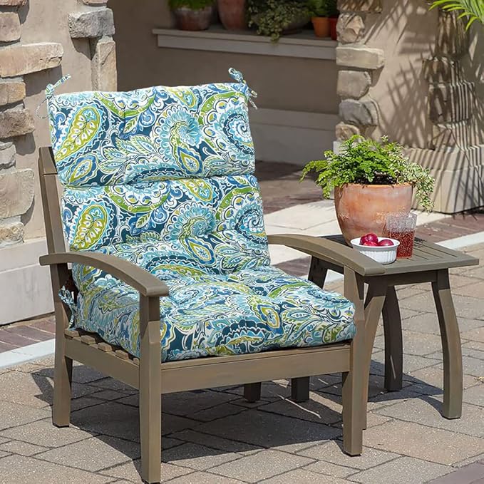 Magpie Fabrics Indoor Outdoor Tufted High Back Chair Cushion Set of 2, Waterproof All-Weather Deep Seating Rocking Chair Patio Chaise Lounge Sun Lounger Chair Cushions(Paisley Lapis Green)