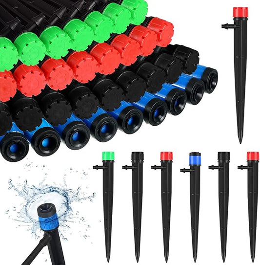 Mudder 100 Pcs 5.2 Inches Drip Irrigation Emitters for 1/4 Inch Drip Irrigation Tubing 360 Degree Adjustable with Arrow Stake Fan Sprayer for Garden Watering System