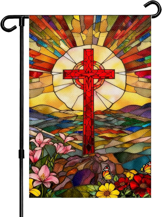 Christian Cross Religious Garden Flag Double Sided Jesus Stained Glass Style four season Garden Flag,Christ Garden Flags for Outside Lawn House Outdoor Yard Sign Garden Decor 12x18 Inch