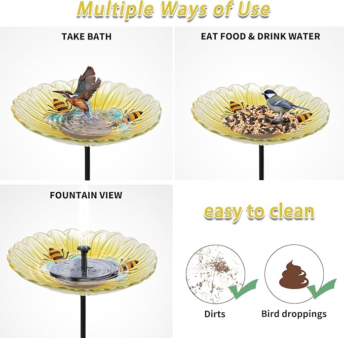 MUMTOP Bird Baths for Outdoors, Glass Bird Bath Stake, Bee Birdbaths & Support, Bee Baths for Garden, Outside, Lawn, Outdoor Decor