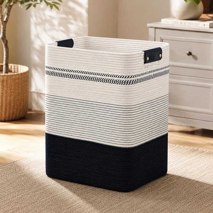 Laundry Hamper, Cotton Rope Laundry Basket with Leather Handles, 25.1-Gallon/95 L Large Clothes Hampers for Laundry, Woven Laundry Baskets for Blankets, Clothing, Bedroom, Living Room, Nursery