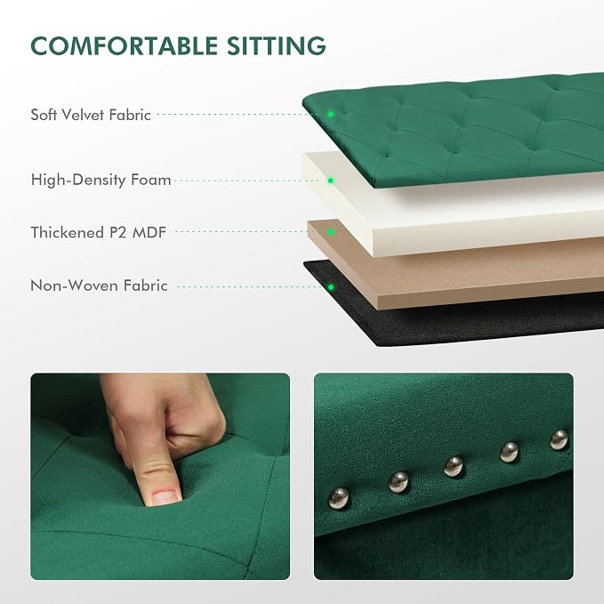 PINPLUS Folding Storage Ottoman Bench, Green Velvet