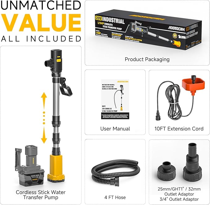 Cordless Stick Water Transfer Pump Compatible with Dewalt 20V Battery(Tool Only), 740GPH Telescoping Pole Pump, Detachable Battery Pod Handheld Sump Pump for Garden, Rain Barrels, RV Pool, Boat Well