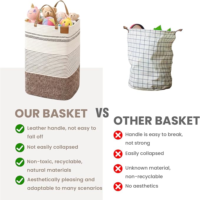 danpinera 100L Nursery Hamper, Tall Woven Laundry Basket with Long Leather Handles, Boho Laundry Hamper for Living Room, Eco-friendly & Convenient Decorative Storage Basket, White & Dark Brown