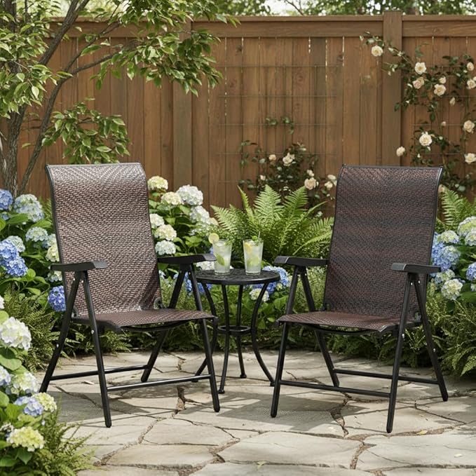 Tangkula Foldable Patio Wicker Dining Chairs Set of 2, Portable High Back Outdoor Wicker Chair with 5-Level Adjustable Backrest, No Assembly Reclining Chairs for Porch Deck Garden Balcony