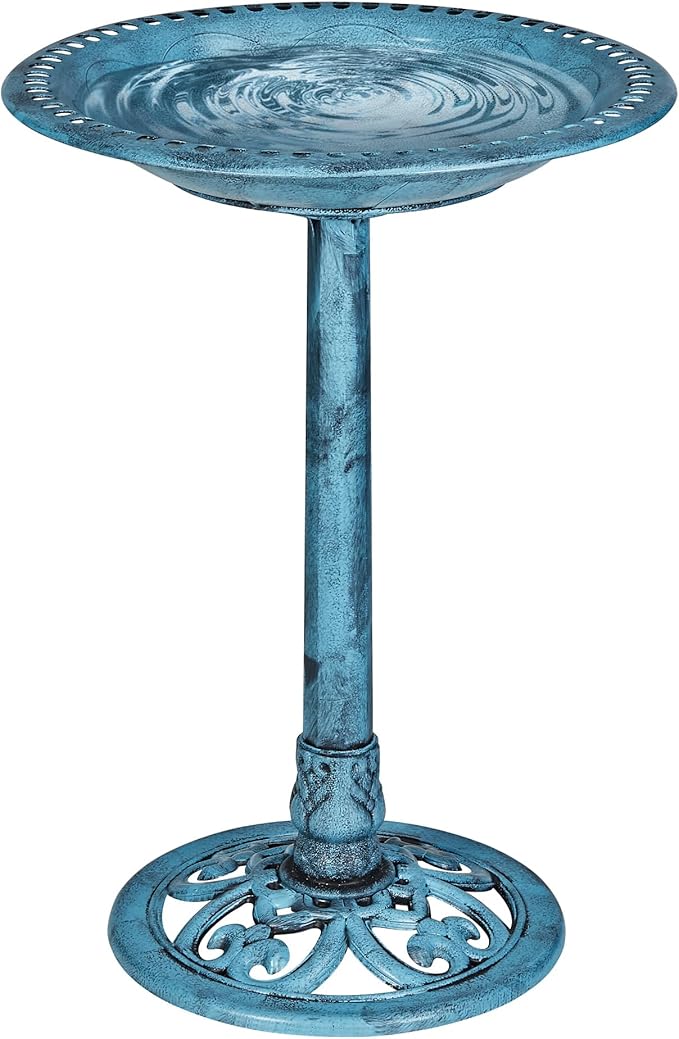 VECELO 28" Pedestal Outdoor Bird Bath for Outside, Vintage Bronze Polyresin Lightweight Antique, Yard/Garden Decoration, Blue