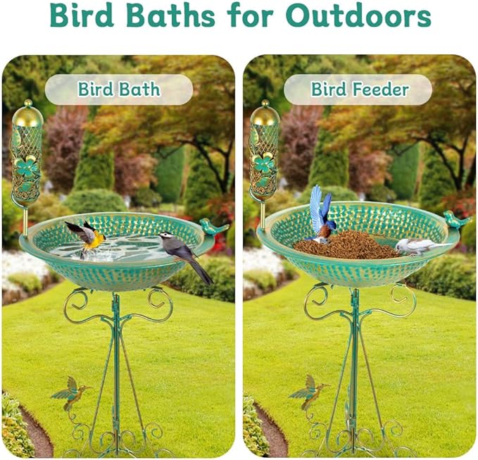 dreamysoul Bird Bath 13" Dia Bowl, Metal Birdbath with Mesh Feeder, Pedestal Bird Baths for Outside Outdoors Garden Patio Yard