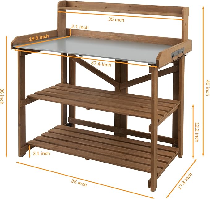 Ketive Folding Potting Bench Table,Outdoor Potting Bench Garden Wooden Potting Table,Fir Wood Workstation Planting Table with Galvanized Tabletop,2 Tier Storage Shelves,Top Shelf(Brown)