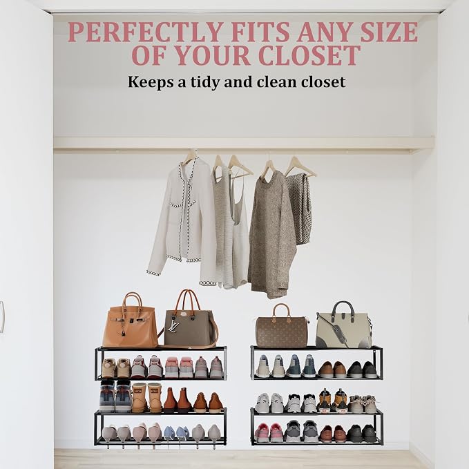 2 Pack Expandable Wall Mounted Shoe Rack, 17"-31" Adjustable Hanging Shoe Rack Holds 16 Pairs, Heavy Duty Metal Shoe Holder with 4 Storage Hooks, Space Saving for Entryway Closet Doorway（Black