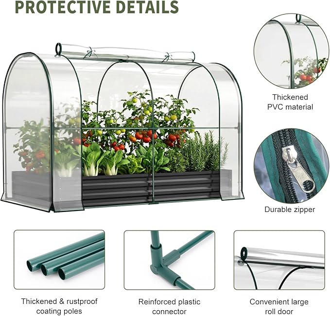 SUNYRISY Galvanized Raised Garden Bed with Greenhouse, Outdoor Metal Planter Box with Plant Bed Cover, Garden Box Protection for Gardening Vegetables Flowers Herbs Planting, Black