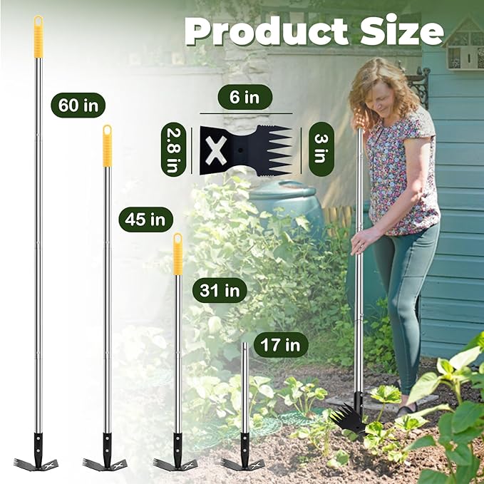 NICOFPHY Weed Puller Tool with Long Handle, 60" Manual Weeding Tools Gardening, 2 in 1 Hand Weed Rake and Hoe Garden Weeder Tool, Uprooting Pulling Weed Remover Tool for Yard, Patio, Lawn and Garden