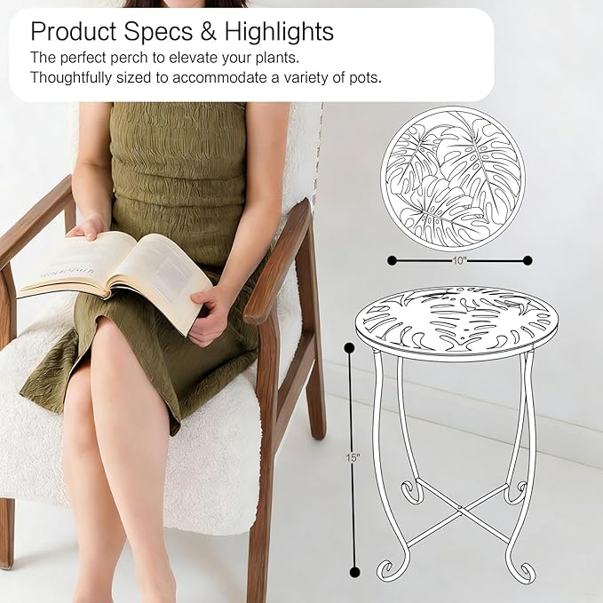 Outdoor Side Tables 2 Pack, 15" Height Tool-Free Metal Patio End Table with Monstera Pattern, Compact Space Saving Plant Stand for Balcony Porch Deck, Weather Resistant, Black