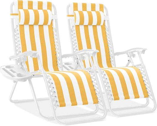 Best Choice Products Set of 2 Adjustable Steel Mesh Zero Gravity Lounge Chair Recliners w/Pillows and Cup Holder Trays - Marigold Striped