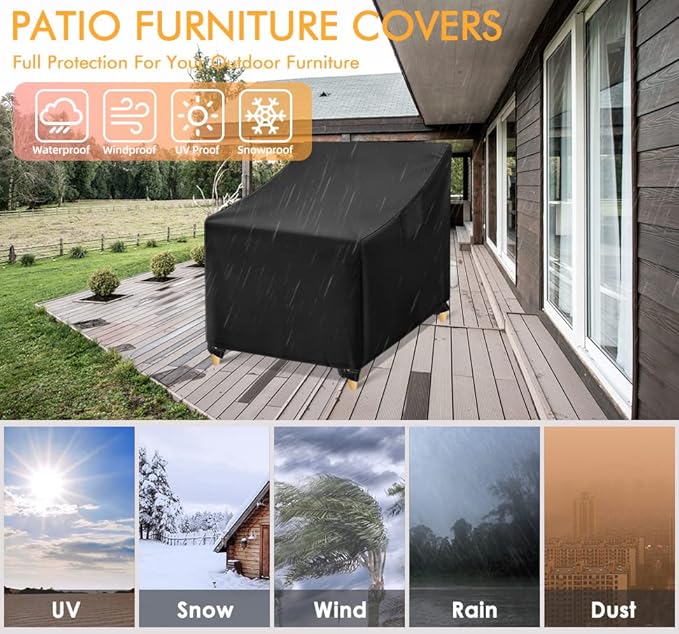 WLEAFJ Outdoor Chair Covers Waterproof, Black Lawn Patio Furniture Covers, Heavy Duty Patio Lounge Deep Seat Cover, 2 Pack - 29" W x 30" D x 36" H