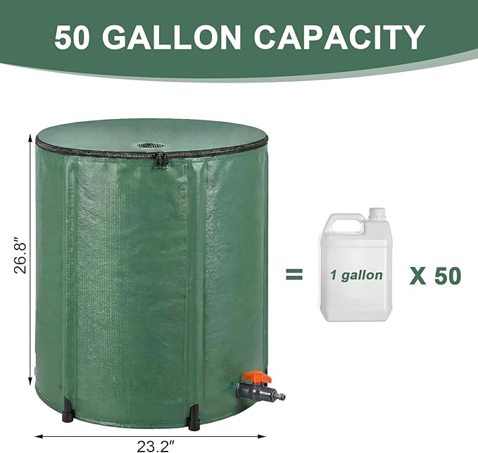 50 Gallon Collapsible Rain Barrel, Foldable Water Storage Tank, Support Rods & Drain Valve, Portable Rainwater Collection System for Garden Irrigation and Outdoor Use