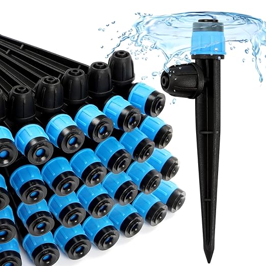 26pcs Drip Emitters Fan Shape with Stake for 1/4" Irrigation Tubing, Adjustable 360 Degree Water Flow Irrigation Vortex Sprayer On 5" Stake Garden Irrigation Dripper for Watering System