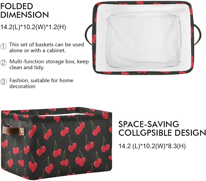 Wamika Cherry Red Storage Basket with Waterproof Liner and PU Handles Fruits Black Storage Bins Boxes 14.2" Collapsible Decorative Organizer Baskets for Bedroom Closet Office 2 Pack