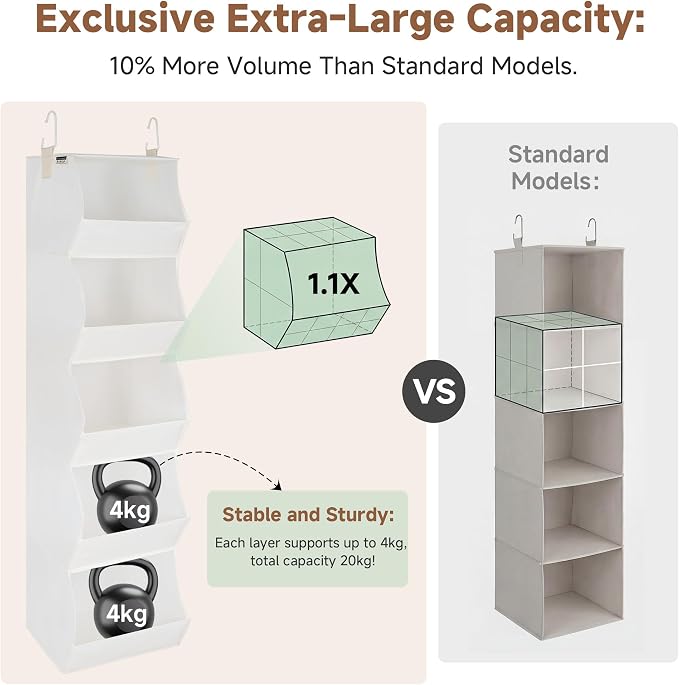 StorageWorks Basics Hanging Closet Organizer, Foldable Storage Organizer | 5-Shelf Wide Trapezoid Closet Shelves with Reinforced Anti-Sagging Support for Sweaters, Hoodies and Handbags, Beige