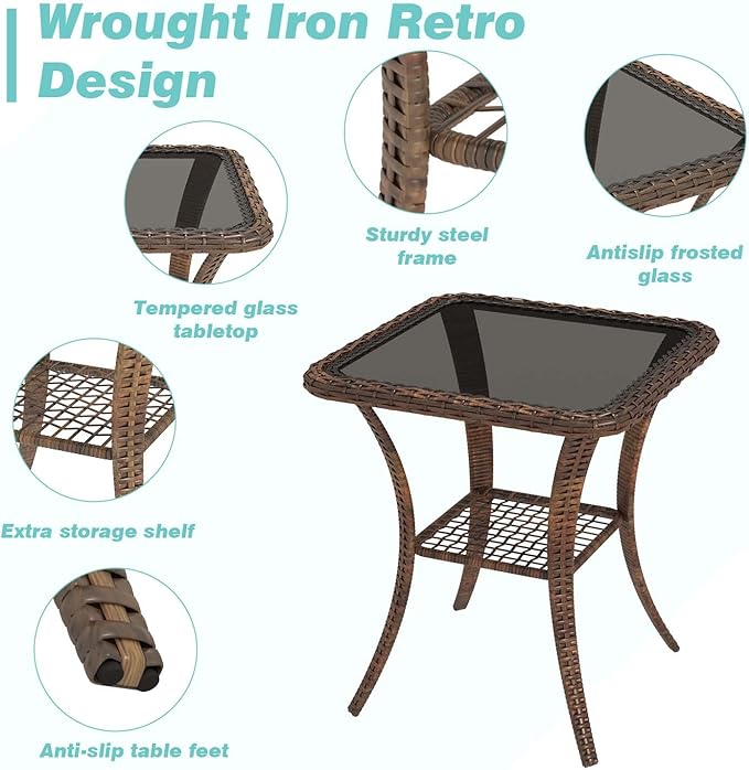 MELLCOM 3 Pieces Patio Furniture Set, Outdoor Swivel Rocker Patio Chairs, Wicker Patio Bistro Set with Rocking Chair, Thickened Cushions and Glass Coffee Table for Backyard, Garden, Blue