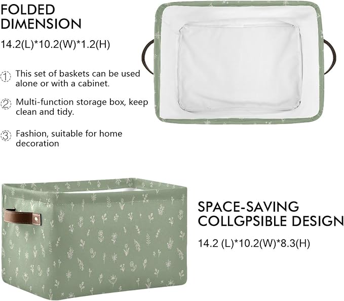 Wamika Sage Green Leaves Storage Basket with Waterproof Liner and PU Handles Floral Doodle Pattern Storage Bins Boxes 14.2" Collapsible Decorative Organizer Baskets for Bedroom Closet Office 1 Pack