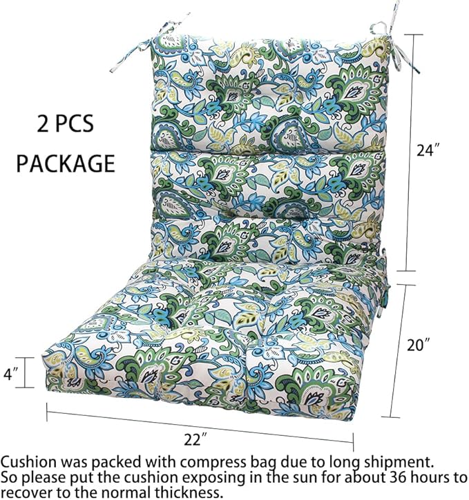 Magpie Fabrics Indoor Outdoor Tufted High Back Chair Cushion Set of 2, Waterproof All-Weather Deep Seating Rocking Chair Patio Garden Chaise Lounge Sun Lounger Chair Cushions(Botanical Blue Green)