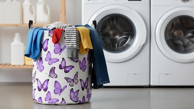 CLOCOR Large Laundry Basket,Waterproof Fabric Storage Container,Room Decor(Deep Purple Butterfly)