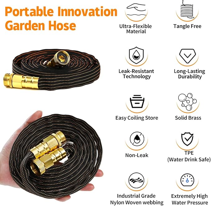 10FT Lightweight Flexible Hose,Solid Brass Head Garden Hose for Boat,RV, Marine Washdown, Lawn,Garden,Camp,outdoor,Superior high pressure TPE water Hose (BlueBlack, 10 FT)