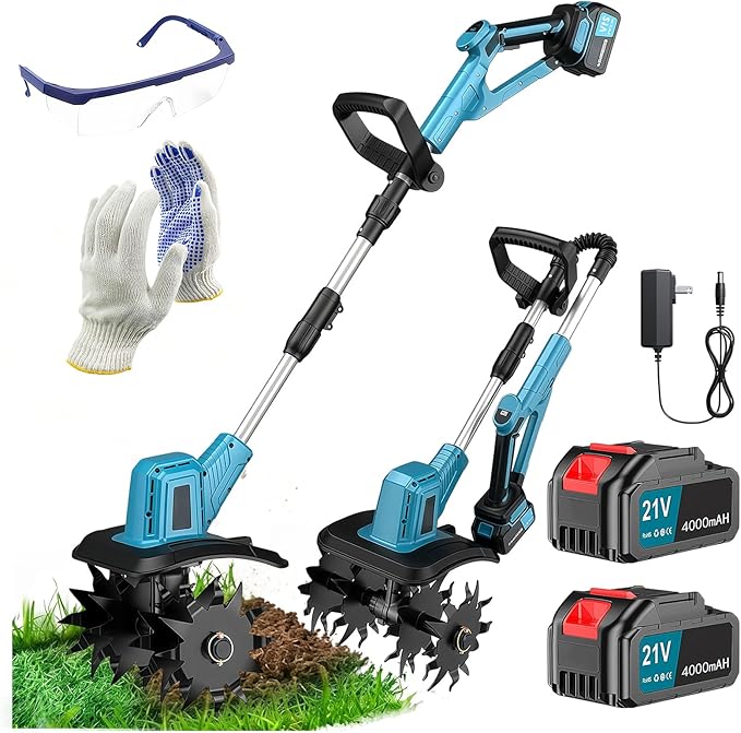 21V Electric Cordless Tiller Cultivator, 360RPM Garden Tiller with 2 x 4.0Ah Batteries Charger, 12In Tilling Width & 8In Depth Garden Rototiller for Lawn, Gardening, Soil Cultivation (Blue-1)