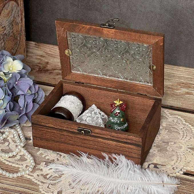 Vintage Wooden Storage Box with Glass Lid, Keepsake Box Small Decorative Storage Box for Jewelry, Trinket, Gift and Home Decorations (Small)